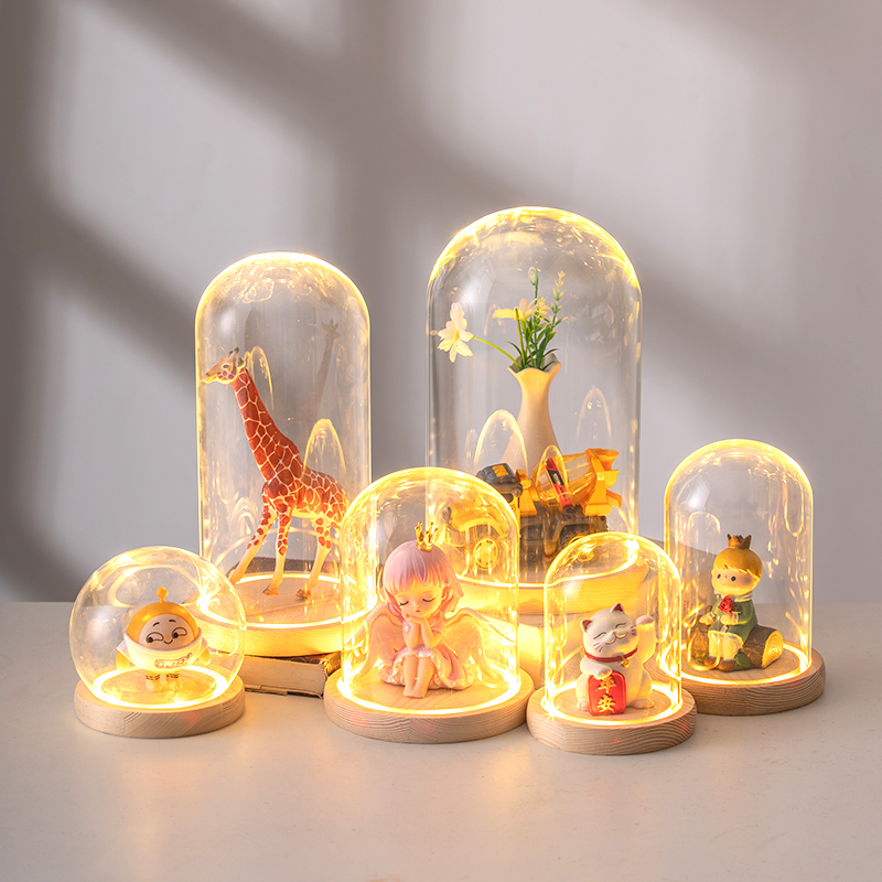 Glass Dome Wood Base With LED Light